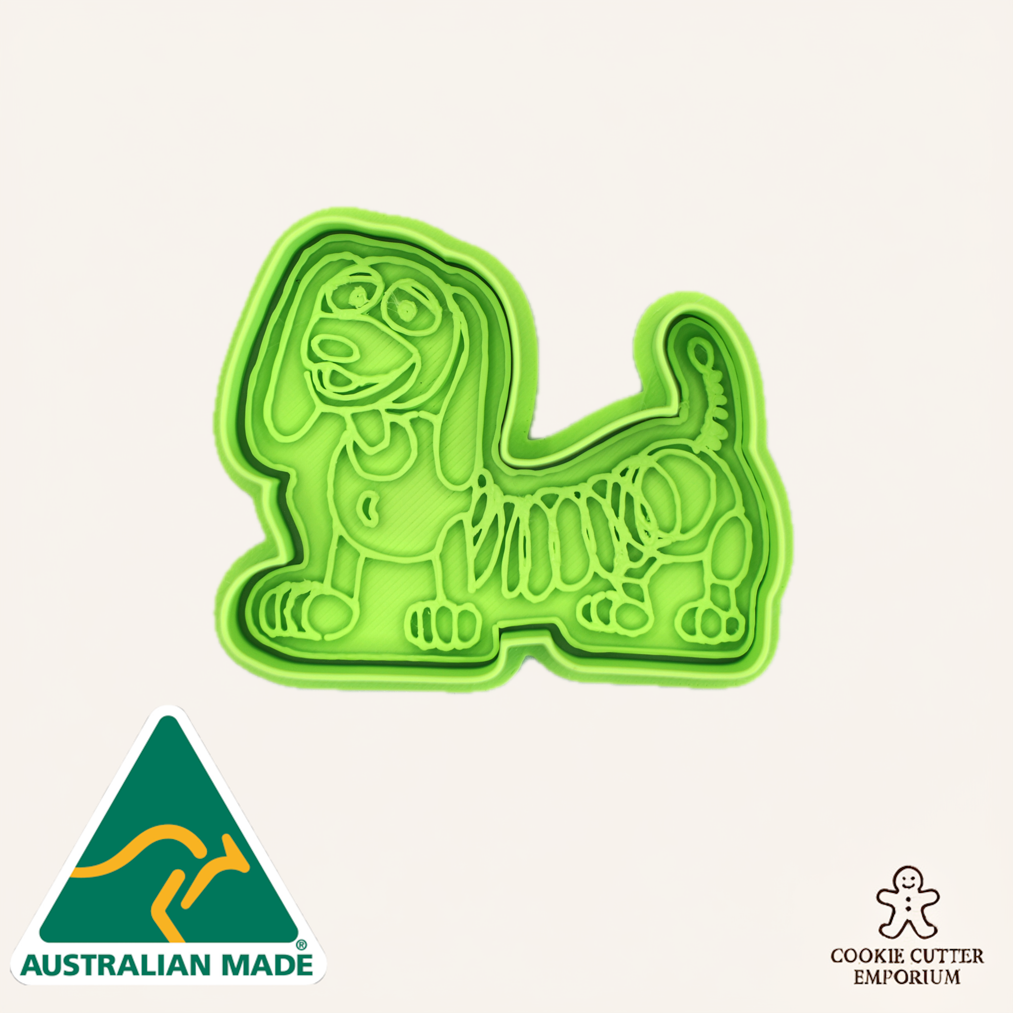 スリンキードッグのクッキー型＆フォンダンスタンプ（ハンドル付き） – 漫画のおもちゃパーティー誕生日ベーキング