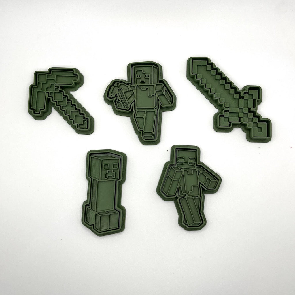 ピクセルブロックゲーム型クッキーカッターとフォンダンエンボス加工機セット（ハンドル付き）