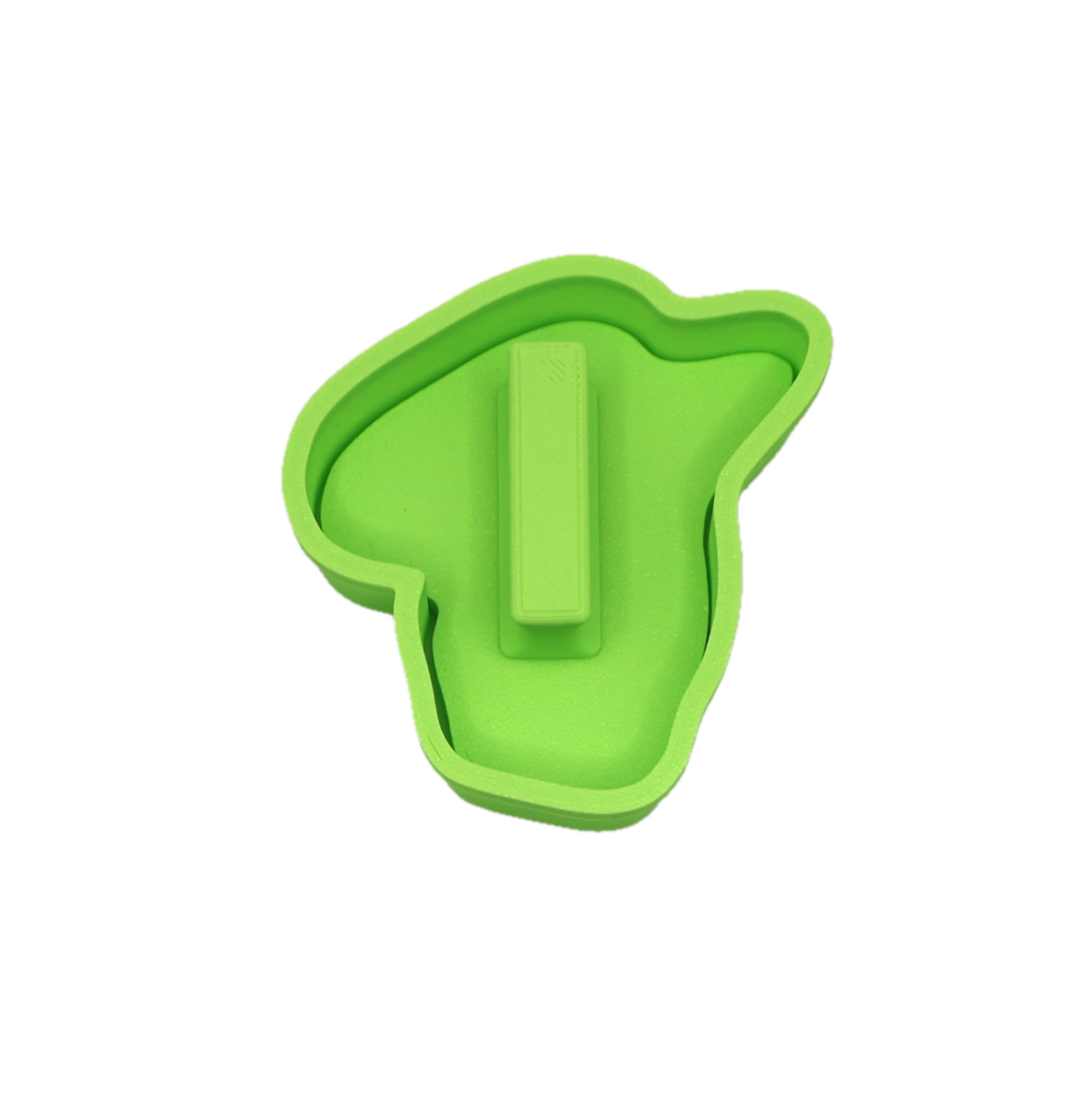 Green cookie cutter shaped like a character's head on a white background with a handle