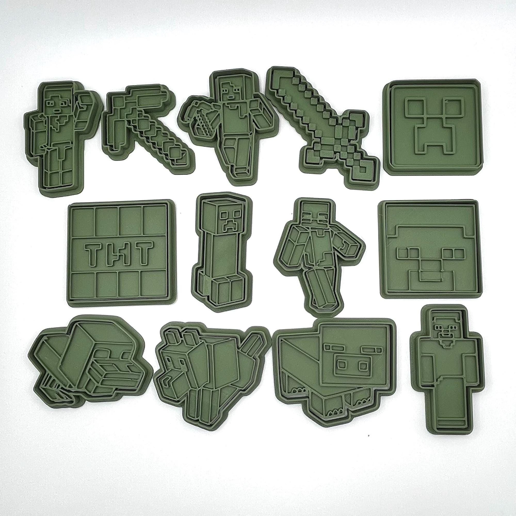 ピクセルブロックゲーム型クッキーカッターとフォンダンエンボス加工機セット（ハンドル付き）