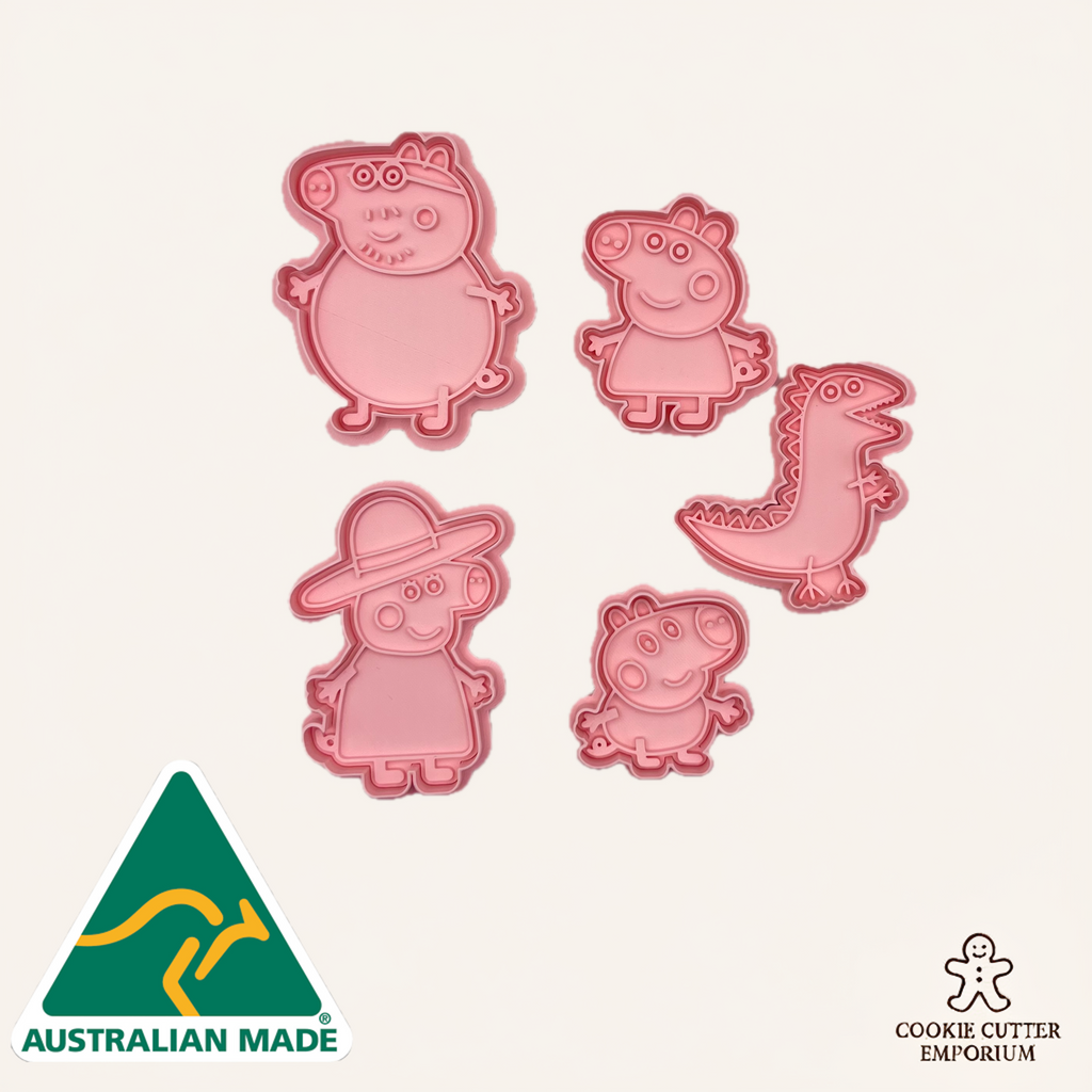 Set of pink cookie cutters shaped like cartoon characters on a light beige background with 'Australian Made' and 'Cookie Cutter Emporium' logos.