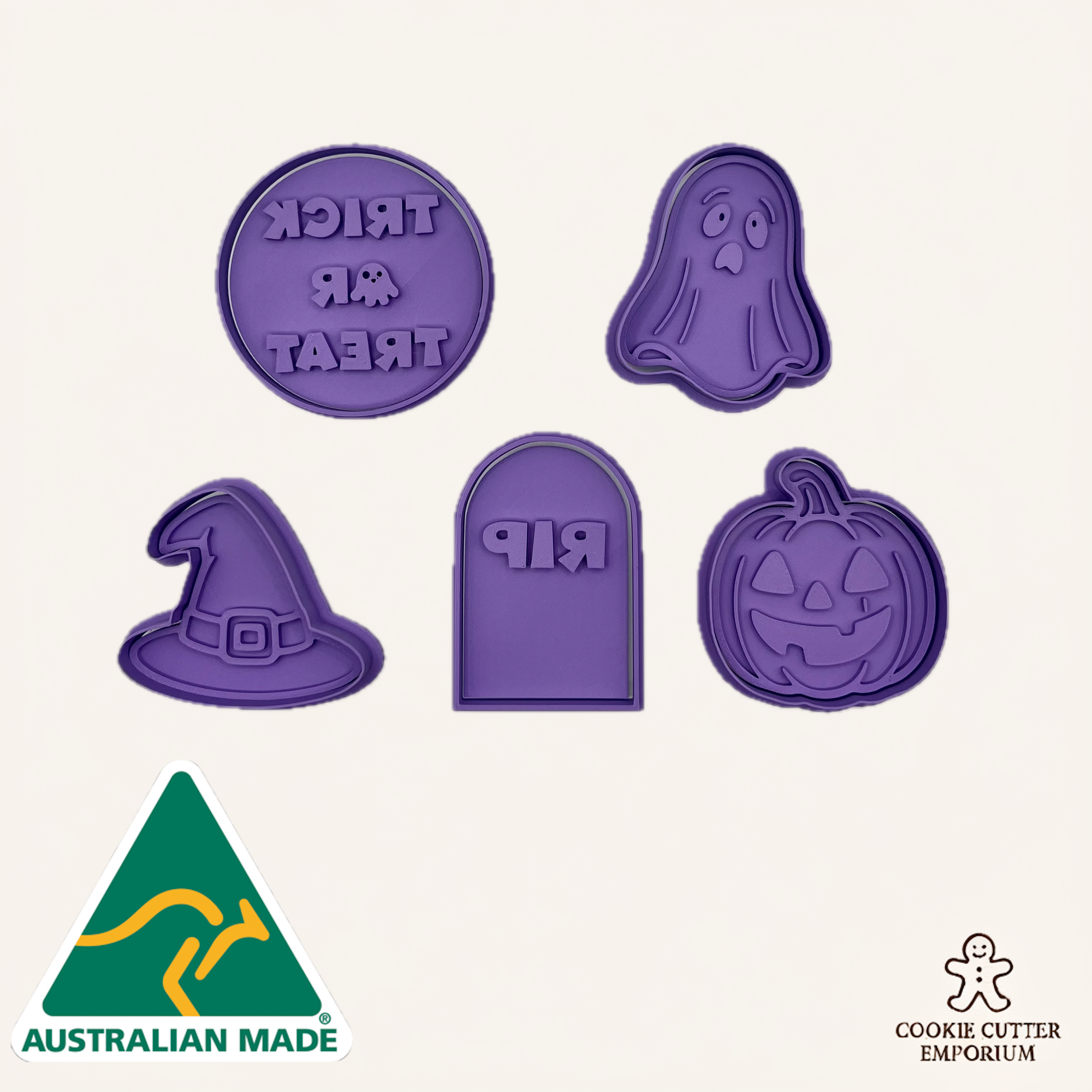Set of purple Halloween-themed cookie cutters on a white background with 'Australian Made' and 'Cookie Cutter Emporium' logos.
