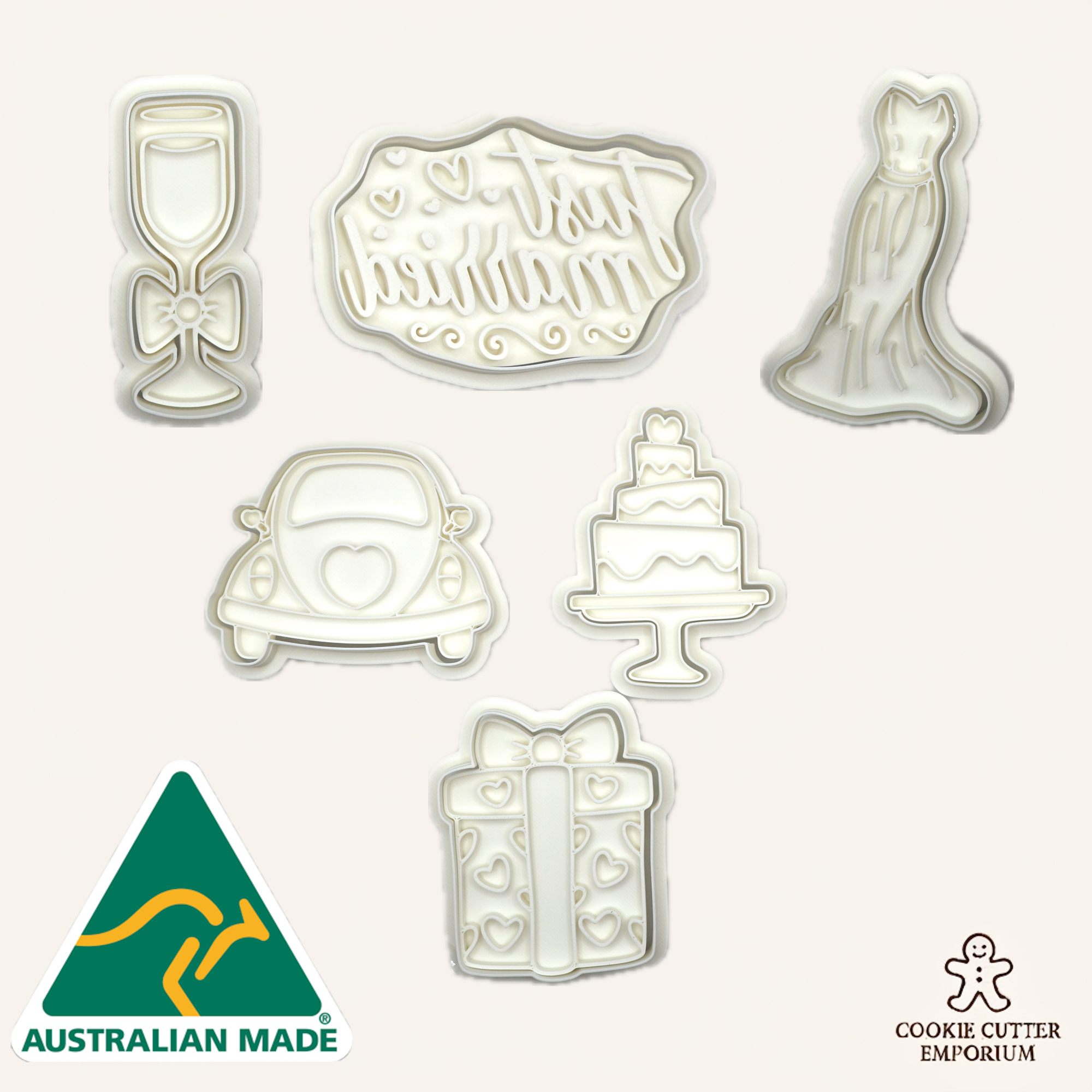 Set of various wedding cookie cutters with 'Australian Made' and 'Cookie Cutter Emporium' logos.