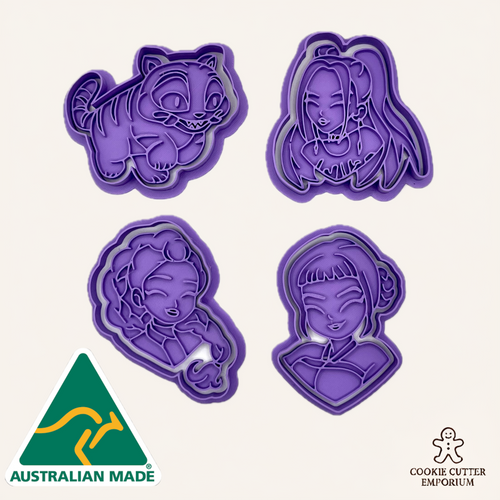Four purple cookie cutters shaped like cartoon characters on a white background, with 'Australian Made' and 'Cookie Cutter Emporium' logos.