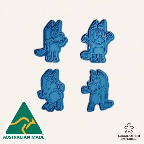 Four blue cartoon character cookie cutters on a white background with 'Australian Made' and 'Cookie Cutter Emporium' logos.