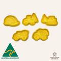 Set of five yellow construction-themed cookie cutters on a white background with 'Australian Made' and 'Cookie Cutter Emporium' logos.