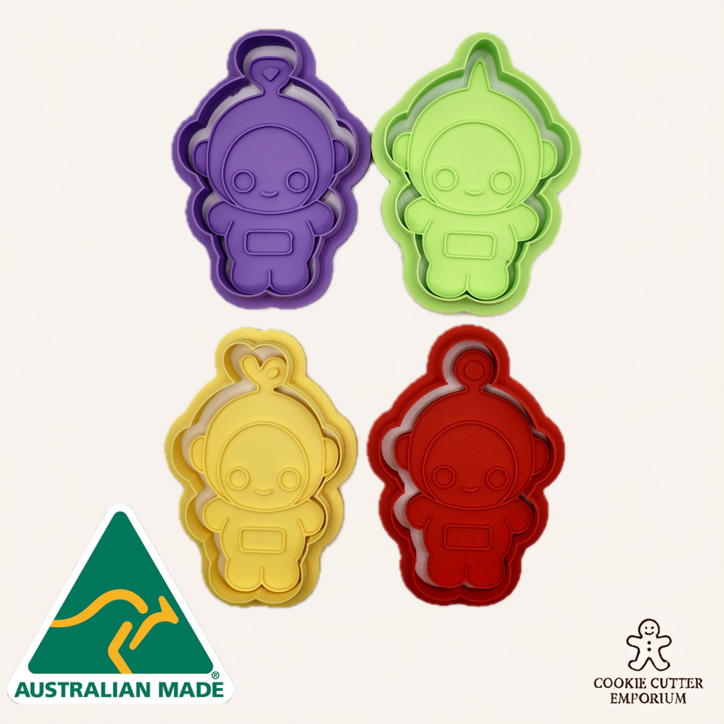 Four colorful cookie cutters shaped like cartoon characters on a white background, with 'Australian Made' and 'Cookie Cutter Emporium' logos.