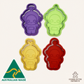 Four colorful cookie cutters shaped like cartoon characters on a white background, with 'Australian Made' and 'Cookie Cutter Emporium' logos.