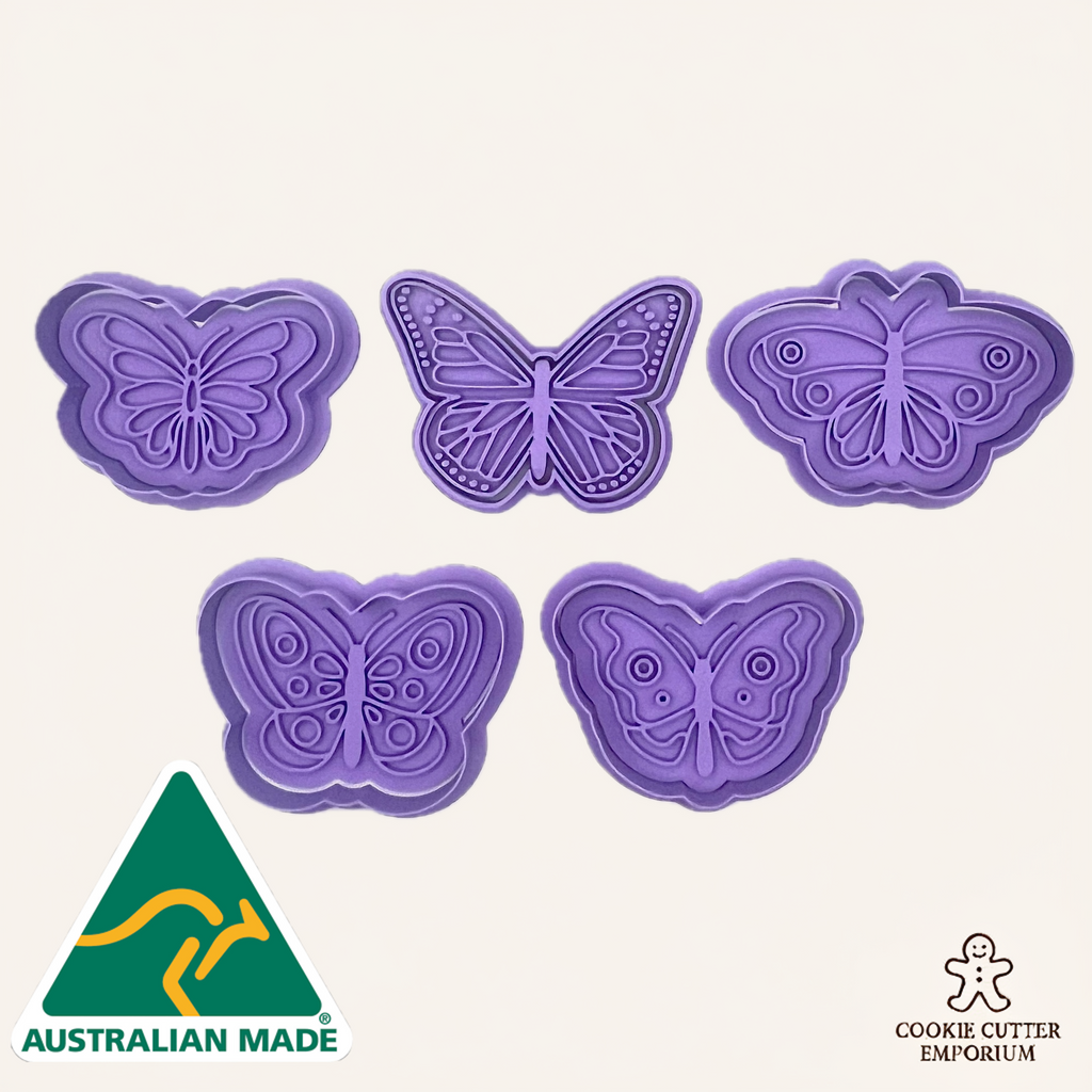 Five purple butterfly-shaped cookie cutters on a white background with 'Australian Made' and 'Cookie Cutter Emporium' logos.