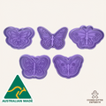 Five purple butterfly-shaped cookie cutters on a white background with 'Australian Made' and 'Cookie Cutter Emporium' logos.