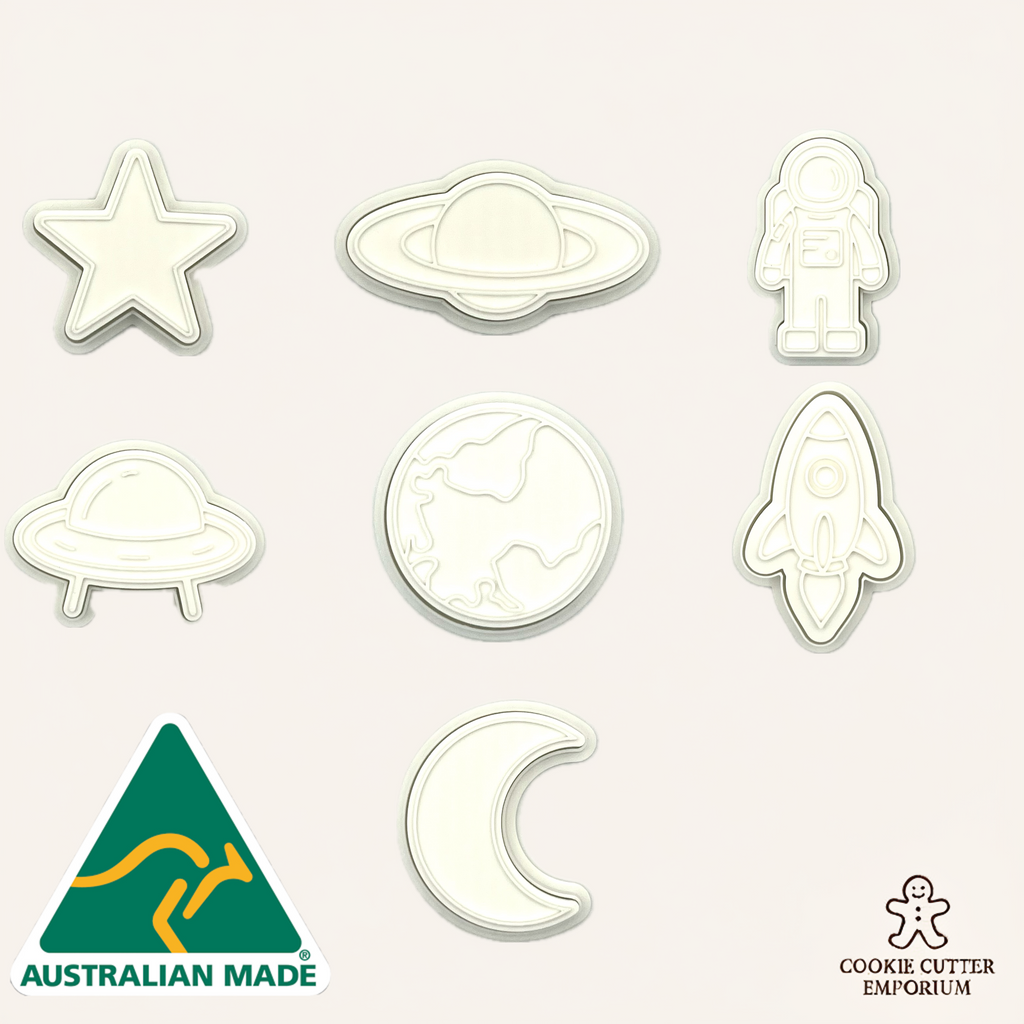 Set of space-themed cookie cutters on a white background with 'Australian Made' and 'Cookie Cutter Emporium' logos.