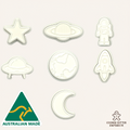 Set of space-themed cookie cutters on a white background with 'Australian Made' and 'Cookie Cutter Emporium' logos.
