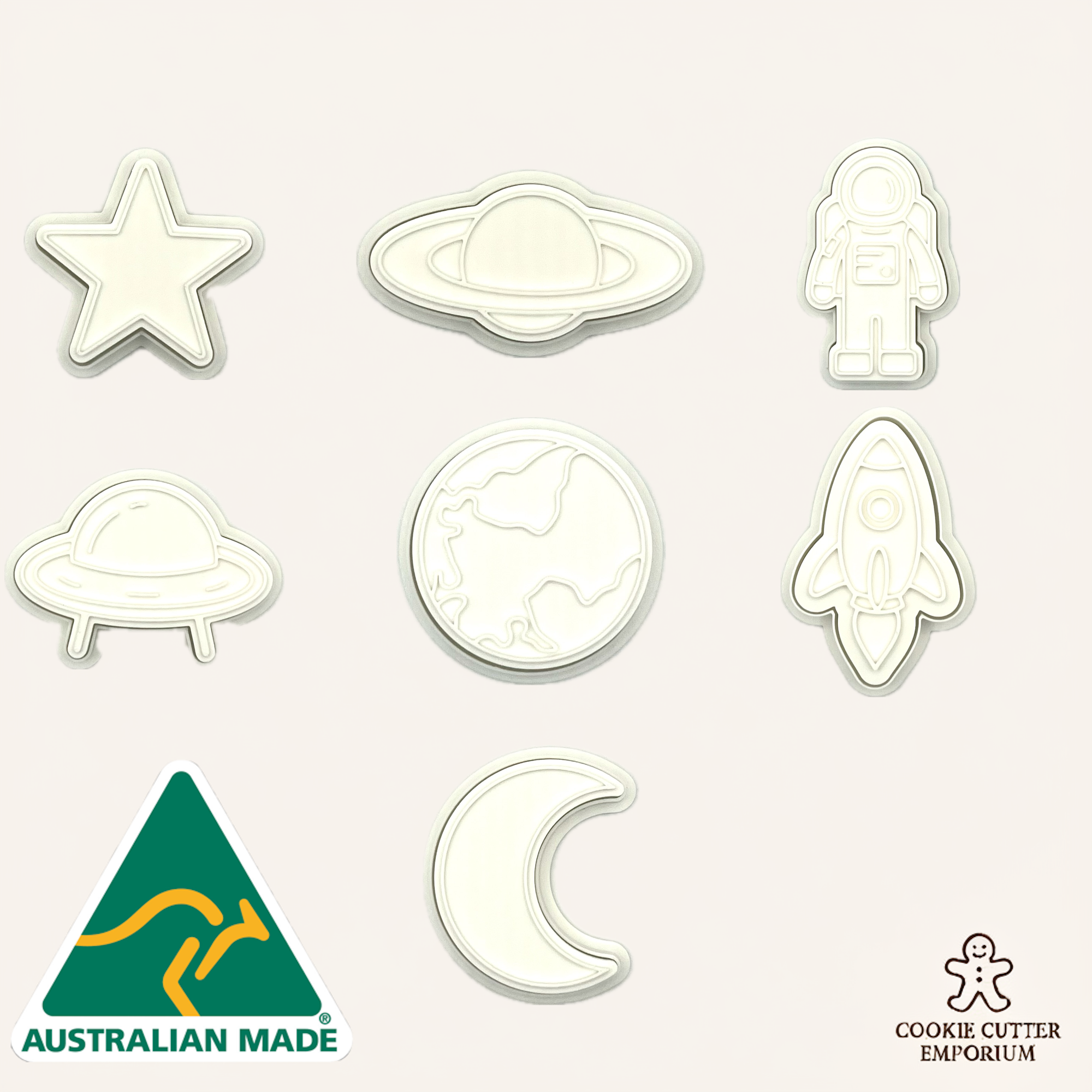 Set of space-themed cookie cutters on a white background with 'Australian Made' and 'Cookie Cutter Emporium' logos.