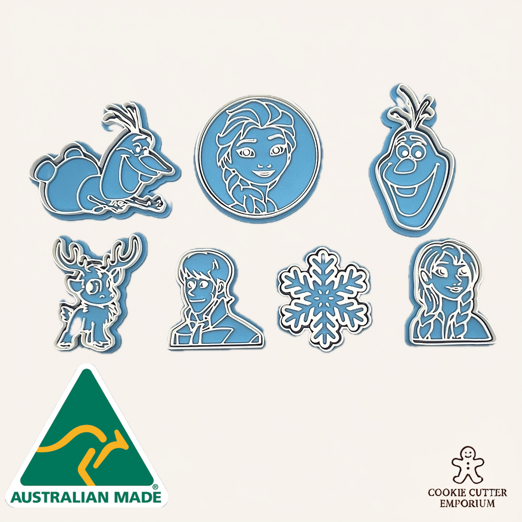 Collection of character-themed cookie cutters with Australian Made and Cookie Cutter Emporium logos.