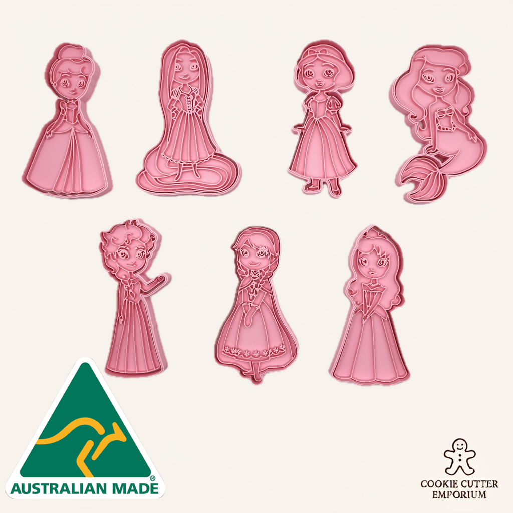 Set of pink cookie cutters shaped like cartoon princesses on a white background, with 'Australian Made' and 'Cookie Cutter Emporium' logos.