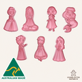 Set of pink cookie cutters shaped like cartoon princesses on a white background, with 'Australian Made' and 'Cookie Cutter Emporium' logos.