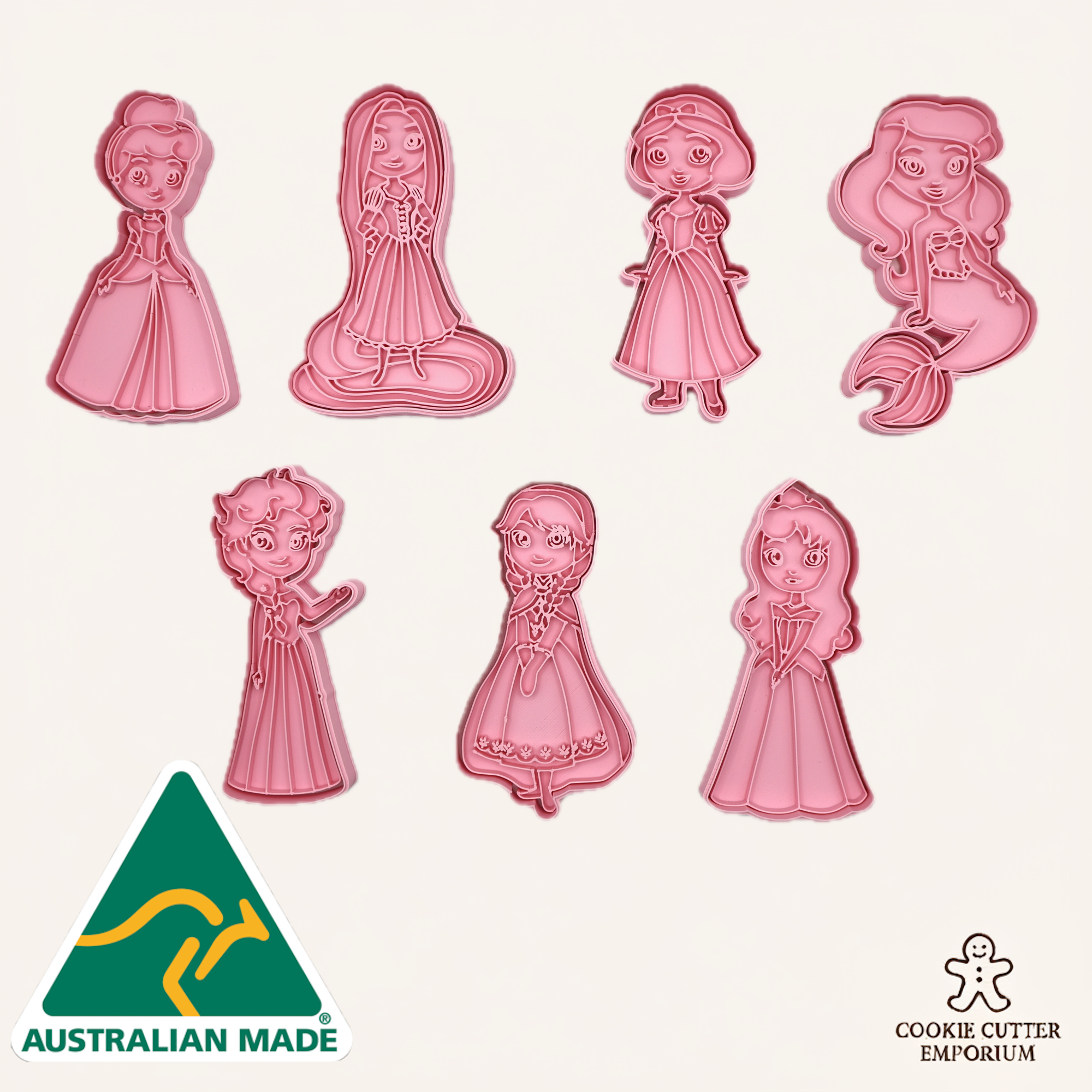 Set of pink cookie cutters shaped like cartoon princesses on a white background, with 'Australian Made' and 'Cookie Cutter Emporium' logos.