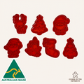 Set of red Christmas-themed cookie cutters on a white background with 'Australian Made' and 'Cookie Cutter Emporium' logos.