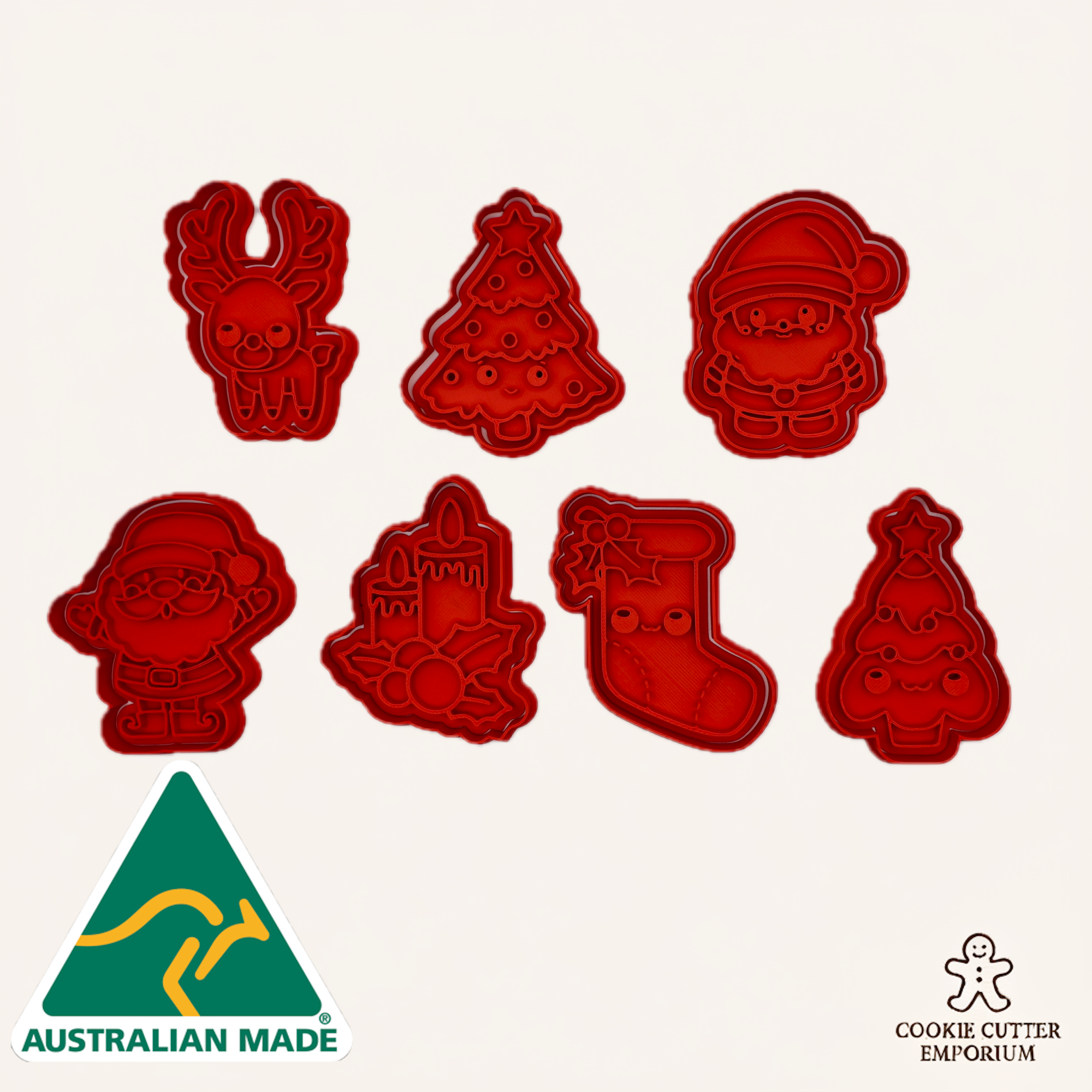 Set of red Christmas-themed cookie cutters on a white background with 'Australian Made' and 'Cookie Cutter Emporium' logos.