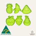 Set of green cookie cutters shaped like fruits on a white background with 'Australian Made' and 'Cookie Cutter Emporium' logos.