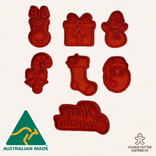 Set of red cookie cutters with Christmas designs on a white background, featuring 'Australian Made' and 'Cookie Cutter Emporium' logos.