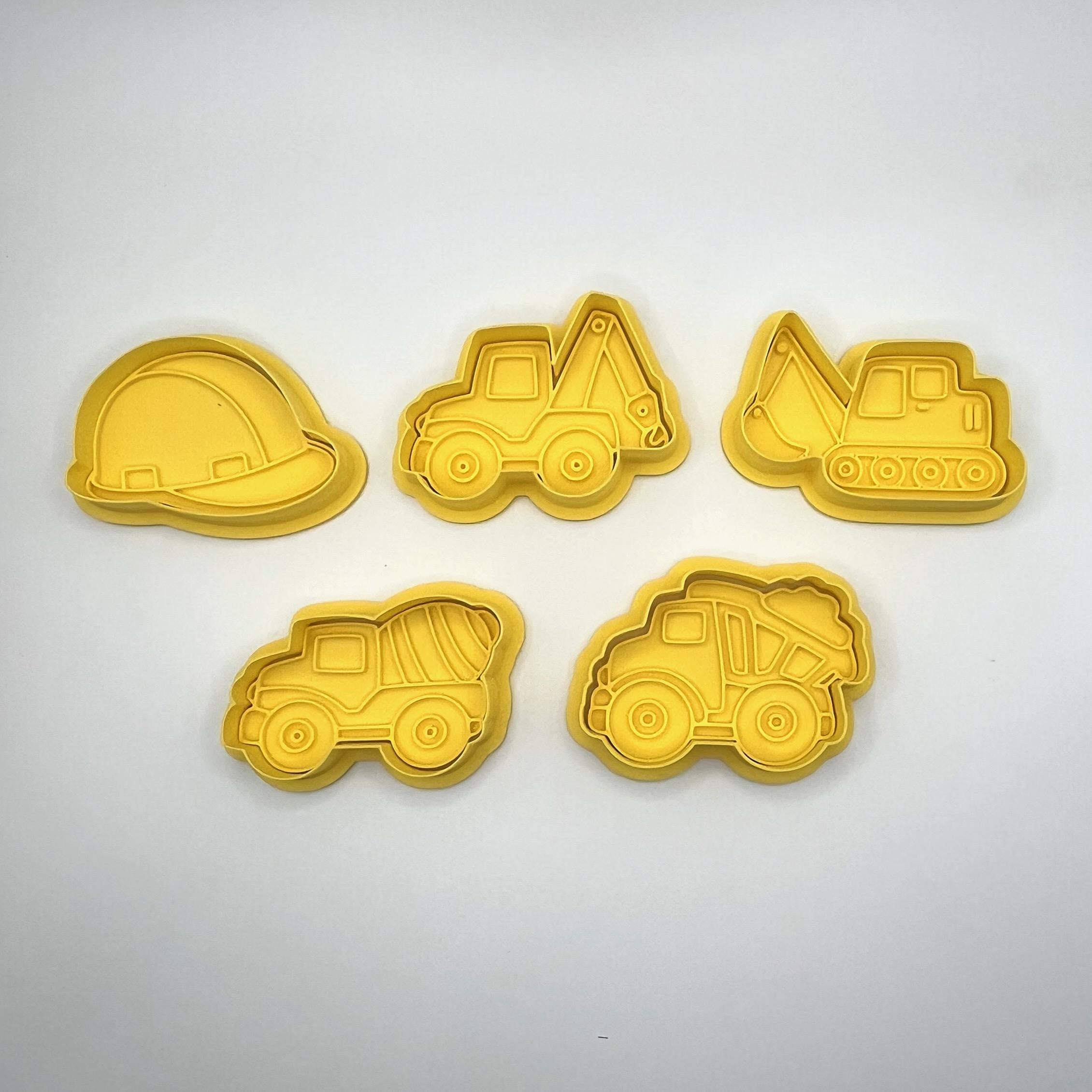 建設現場をモチーフにしたクッキー型とフォンダンスタンプセット – ハンドル付き5点セット